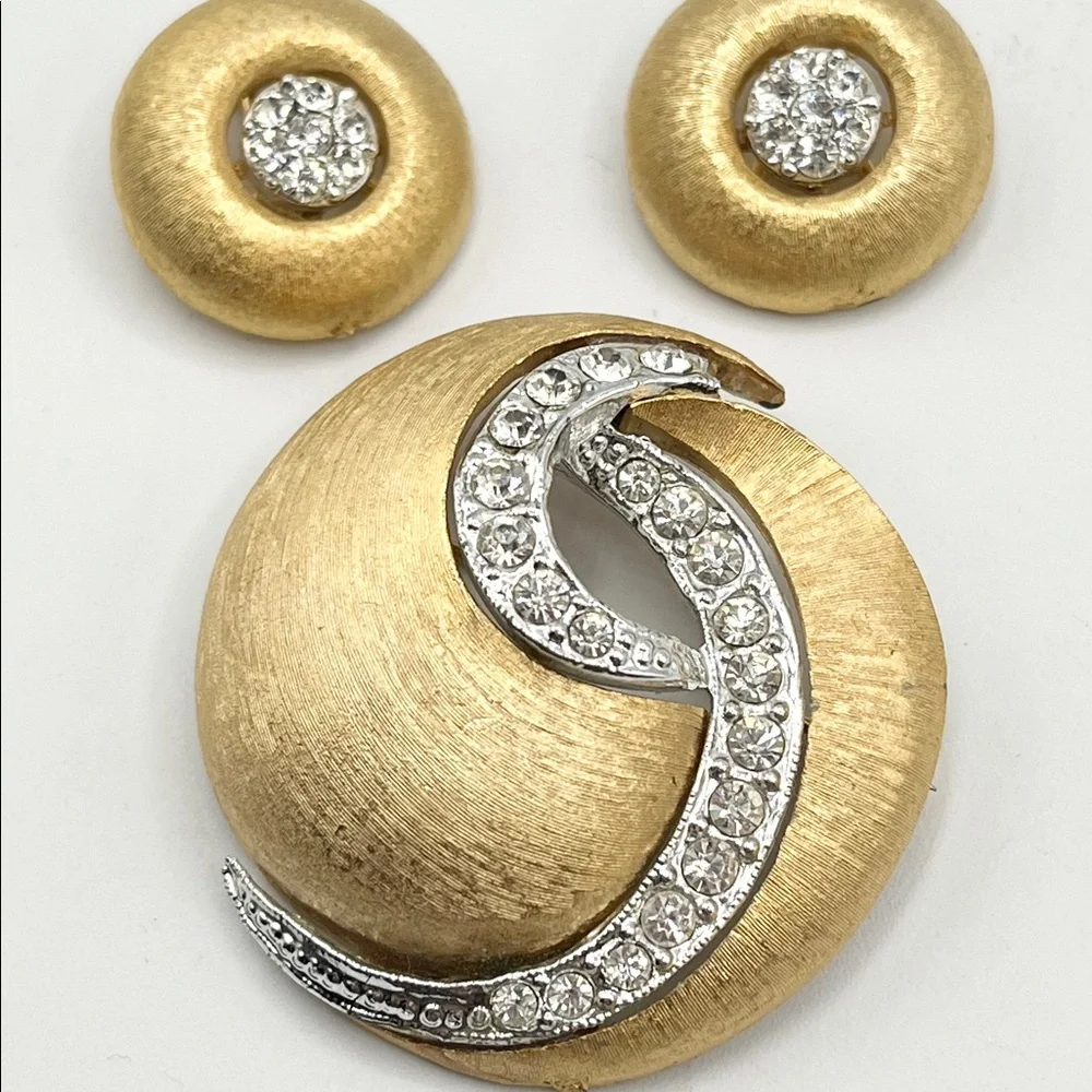 Vintage JJ Joanette Two Tone Brooch Pin & Earring Set - Picture 1 of 5